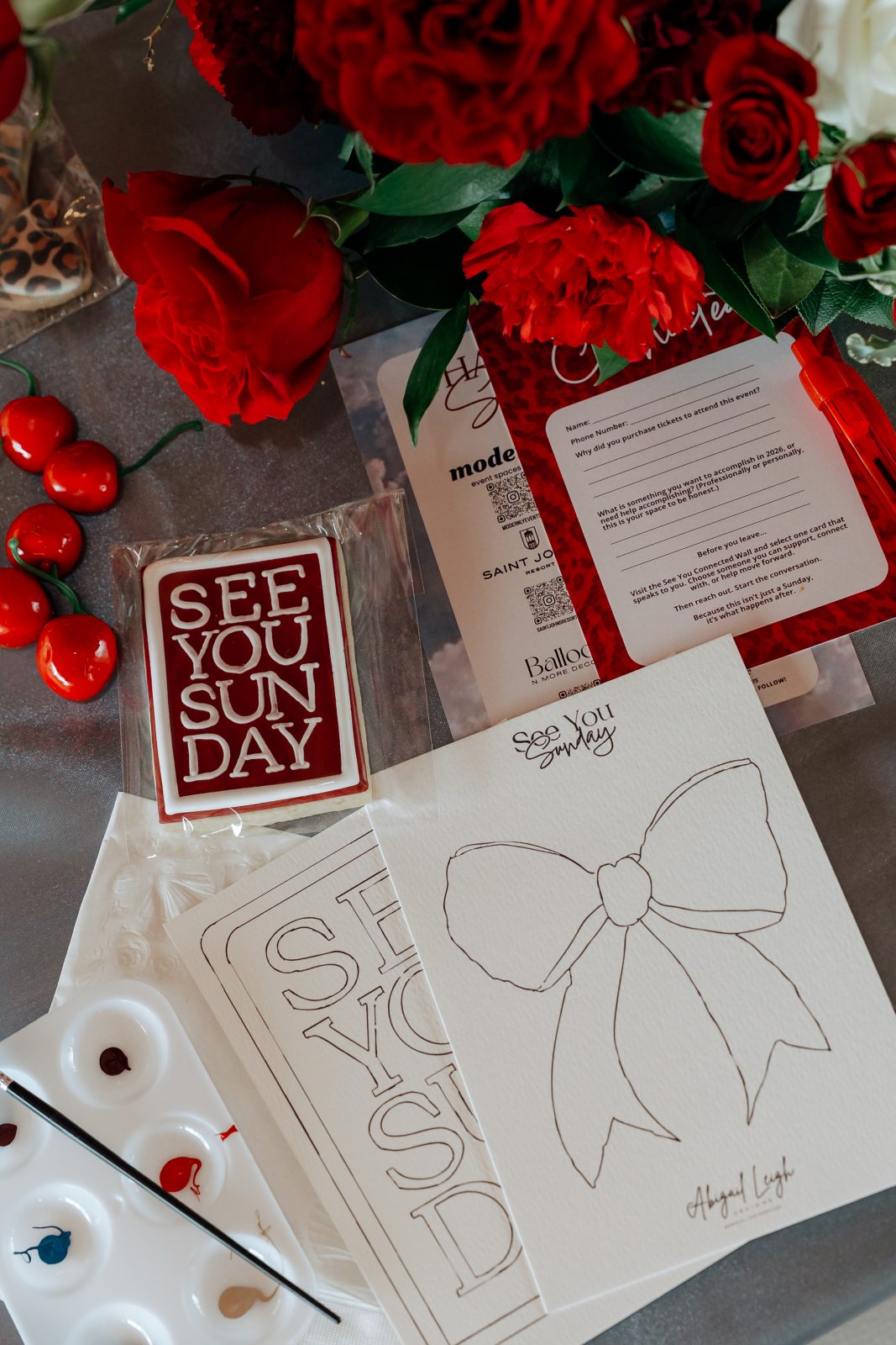 Custom See You Sunday cookie, stationery, and watercolor bow illustration