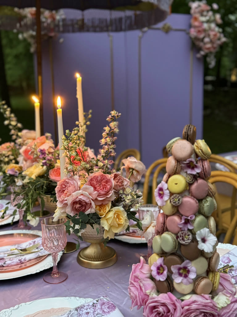 Macaron tower and peach garden roses on a lavender tablescape